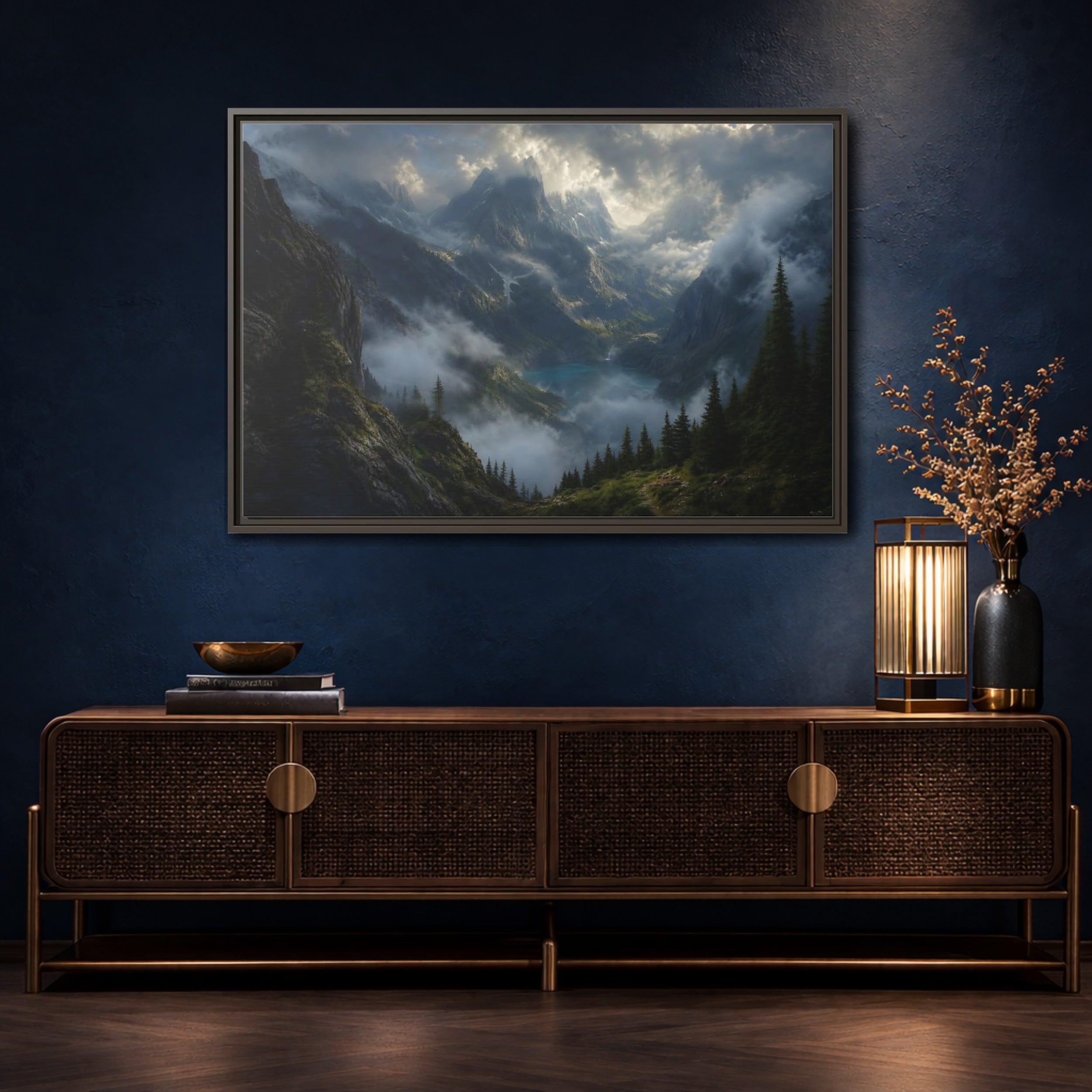 Mockup 4. Nature Mountain Valley Misty Mountain Lake shown as stretched canvas wall art
