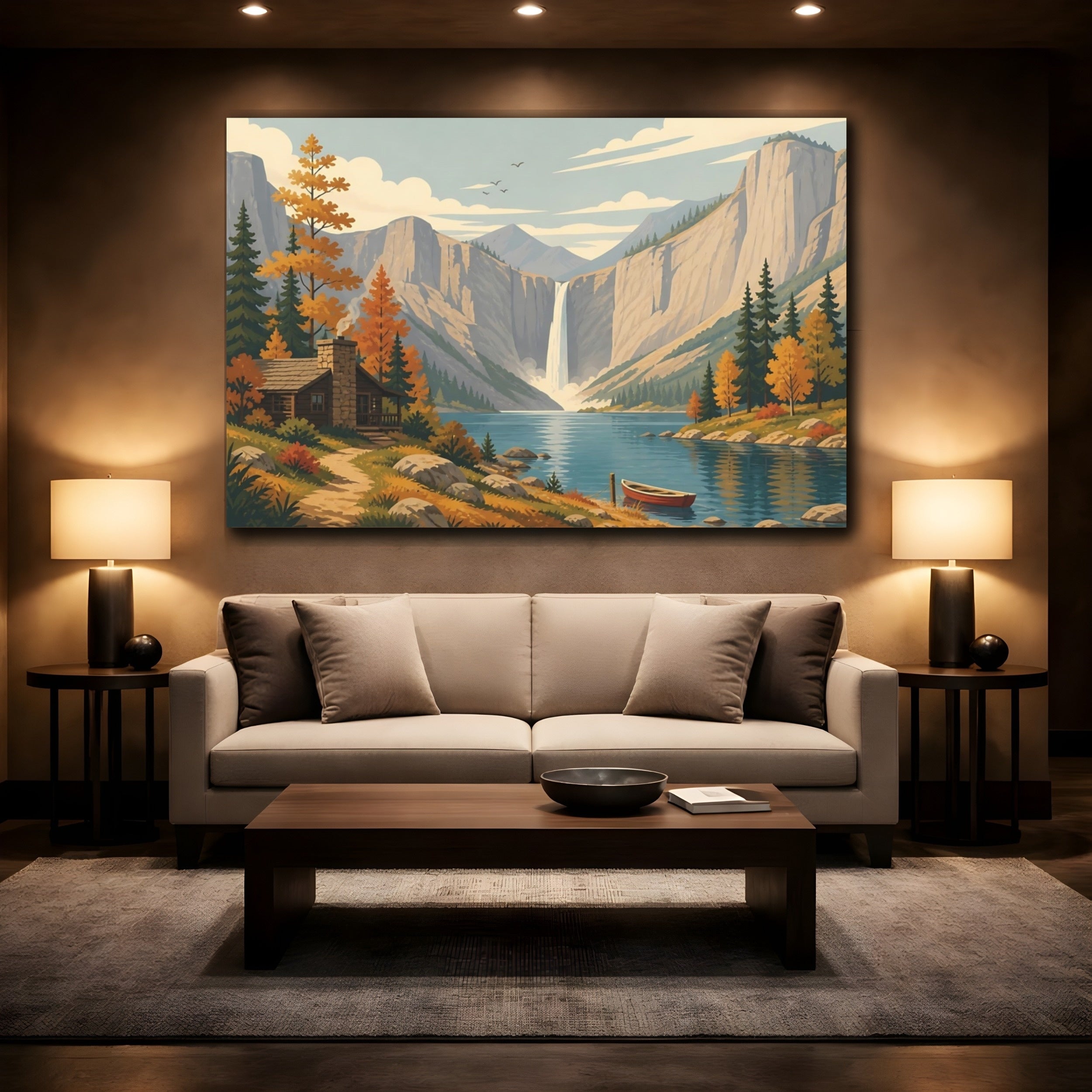 Mockup 2. Nature Mountain Waterfall Autumn Mountain Landscape shown as stretched canvas wall art