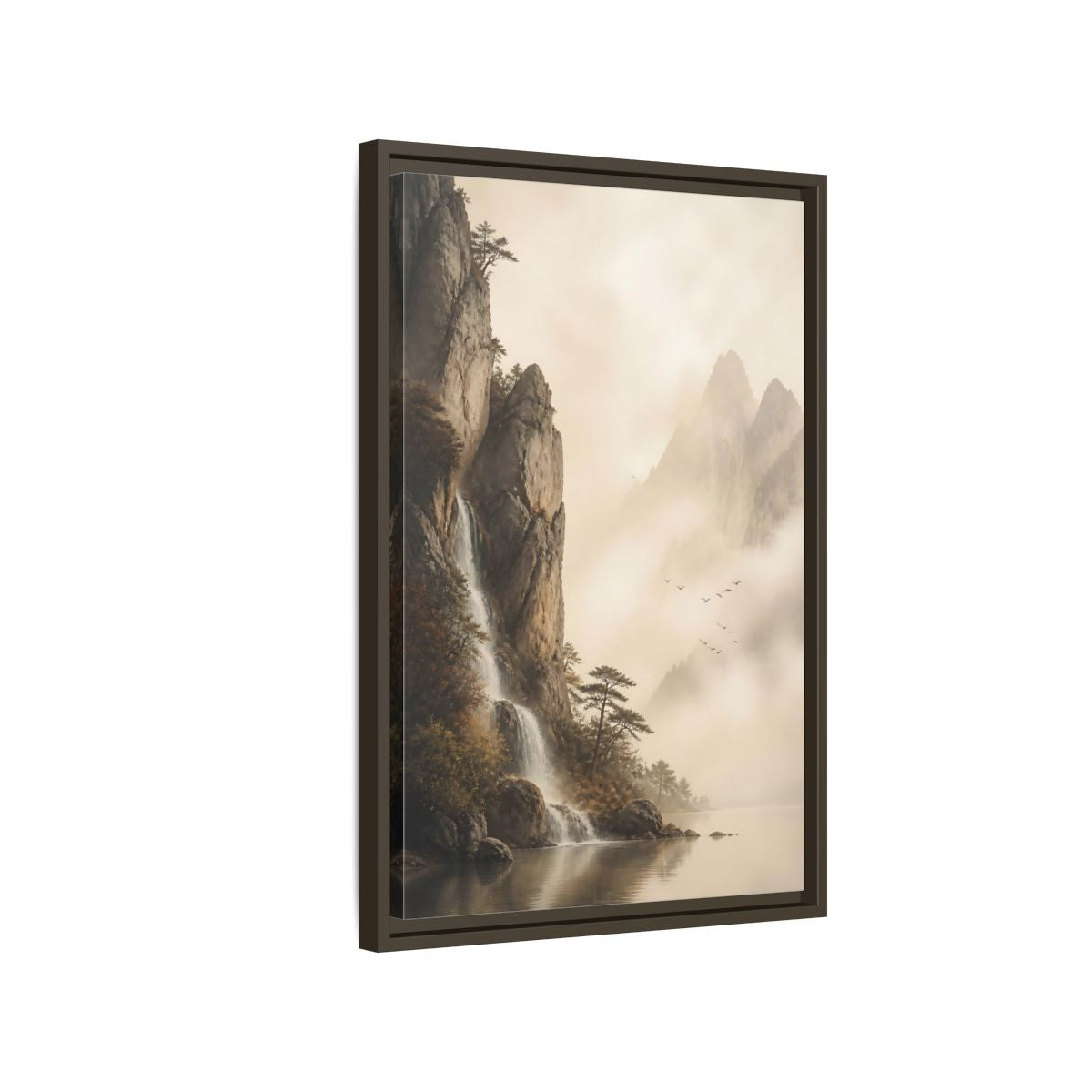 Side Mockup 2. Nature Mountain Waterfall Misty Mountain shown as stretched canvas wall art
