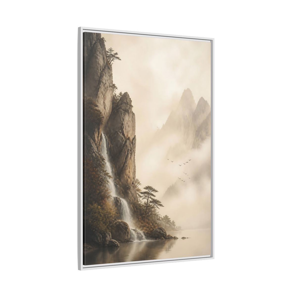 Side Mockup 7. Nature Mountain Waterfall Misty Mountain shown as stretched canvas wall art