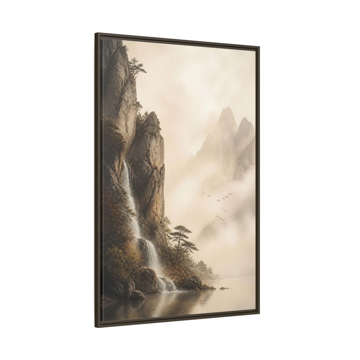 Side Mockup 8. Nature Mountain Waterfall Misty Mountain shown as stretched canvas wall art