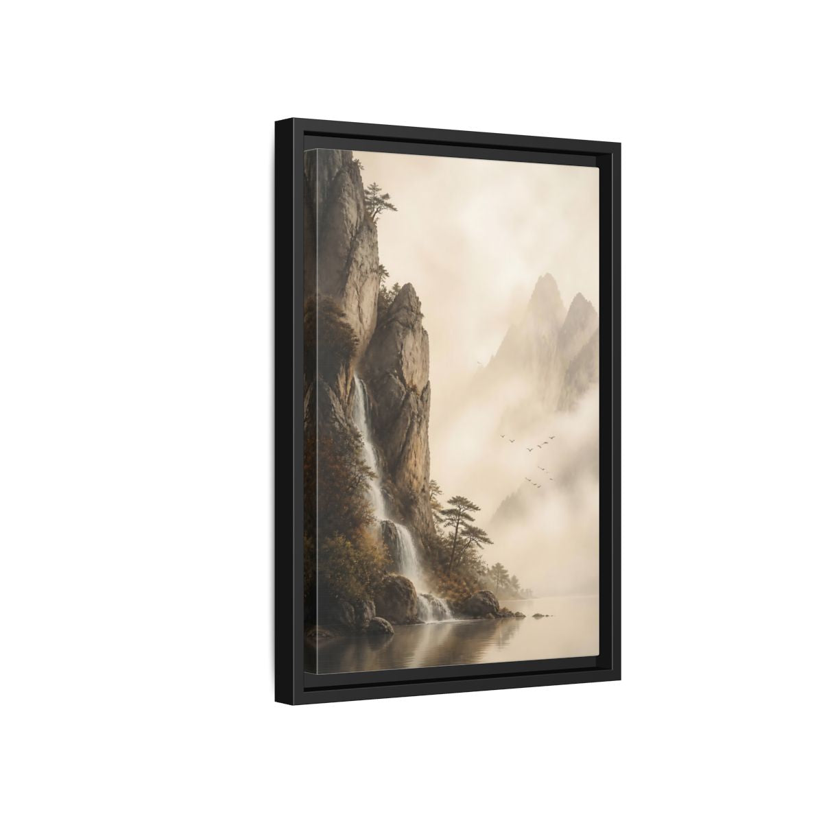 Side Mockup 6. Nature Mountain Waterfall Misty Mountain shown as stretched canvas wall art