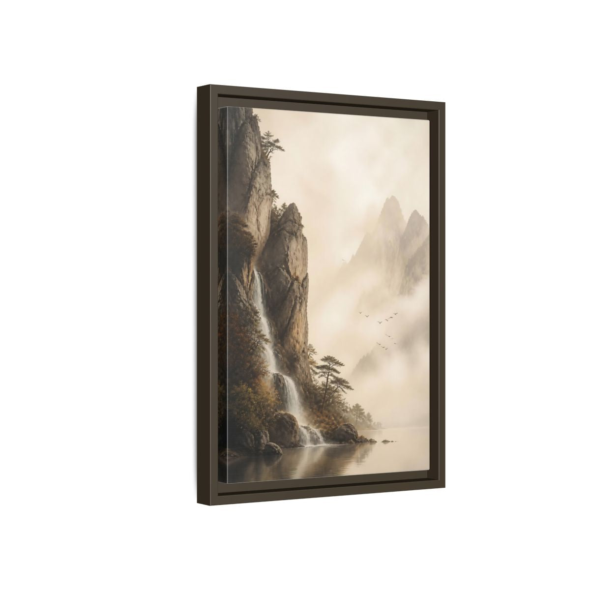 Side Mockup 5. Nature Mountain Waterfall Misty Mountain shown as stretched canvas wall art