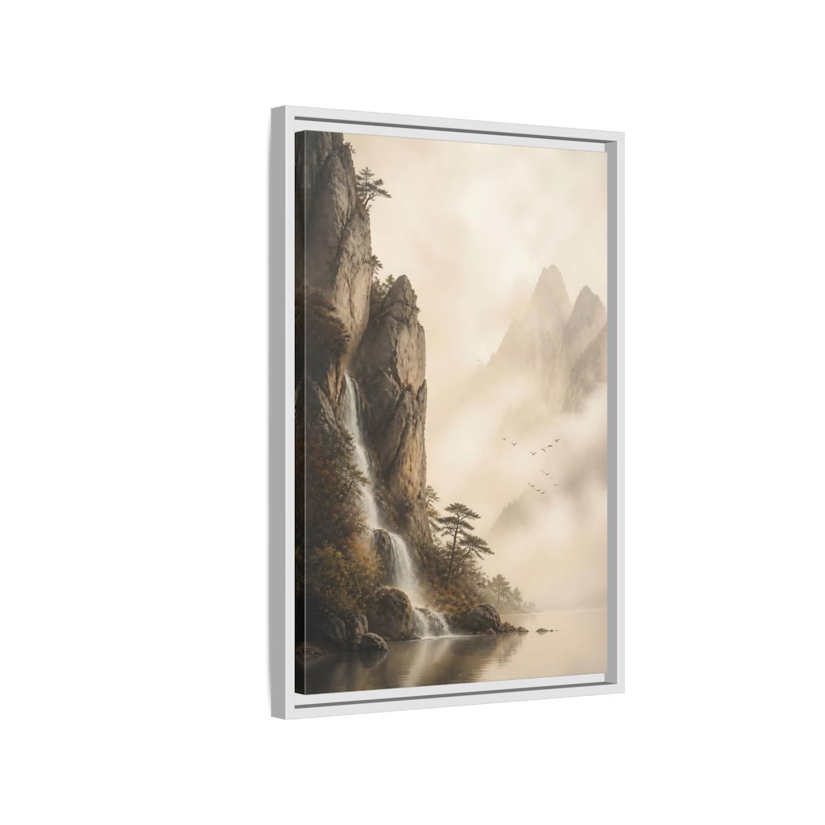 Side Mockup 1. Nature Mountain Waterfall Misty Mountain shown as stretched canvas wall art