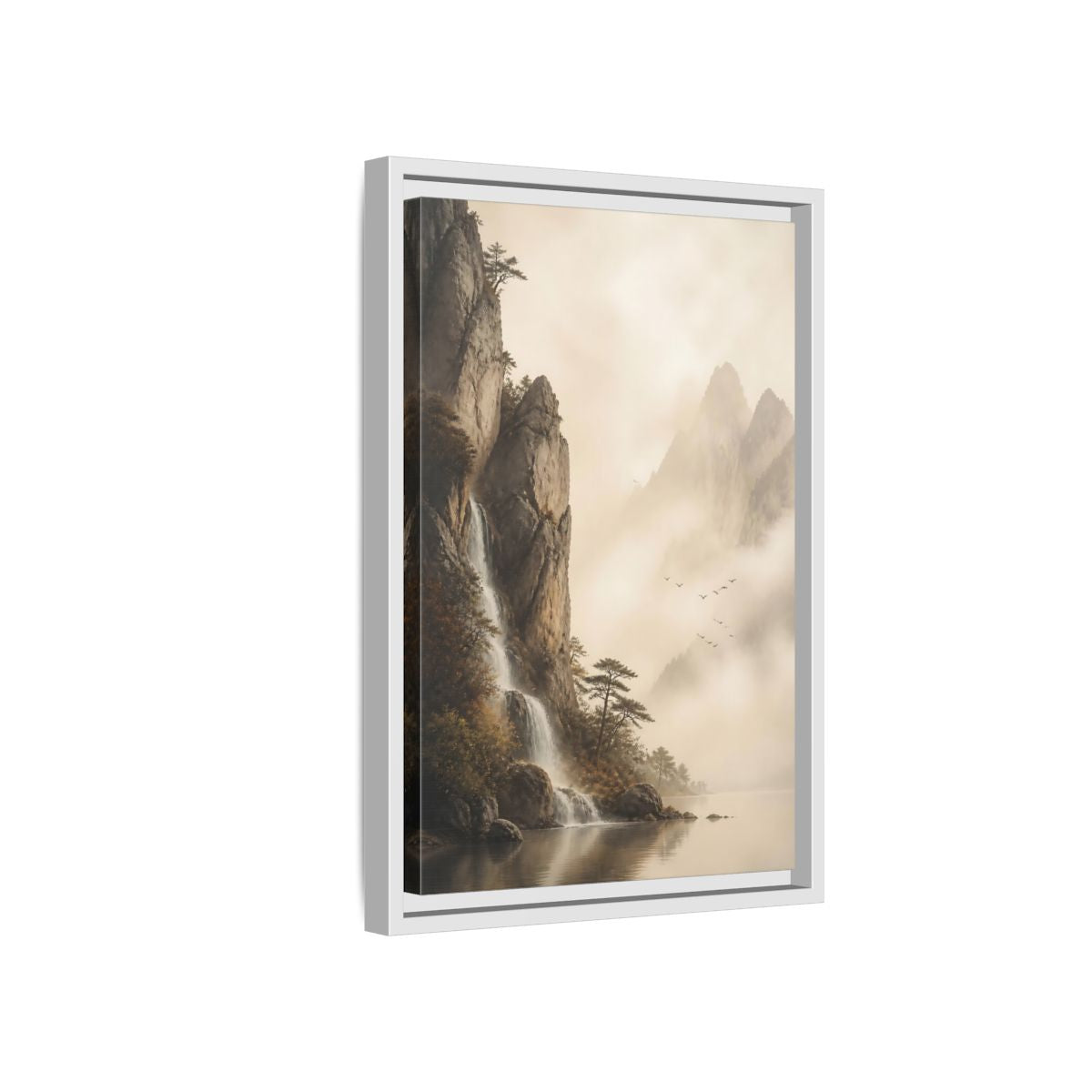 Side Mockup 4. Nature Mountain Waterfall Misty Mountain shown as stretched canvas wall art