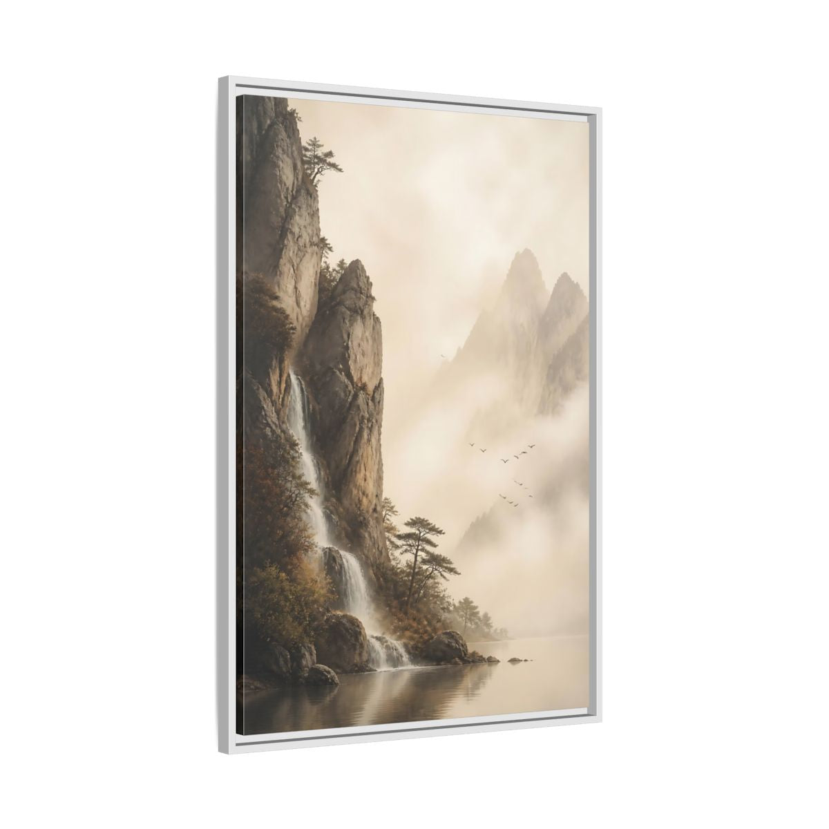 Side Mockup 9. Nature Mountain Waterfall Misty Mountain shown as stretched canvas wall art