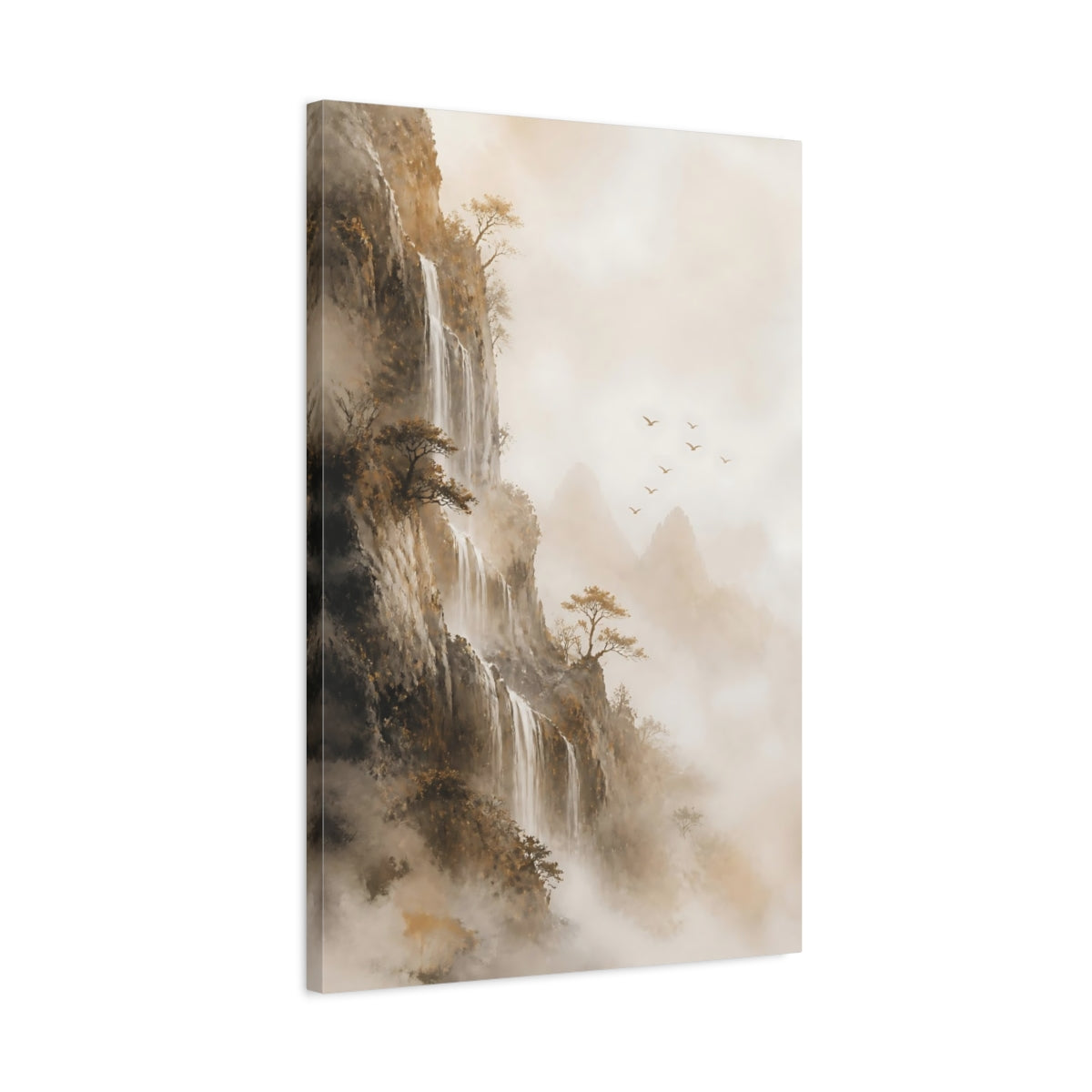Side Mockup 2. Nature Mountain Waterfall Misty Landscape shown as stretched canvas wall art