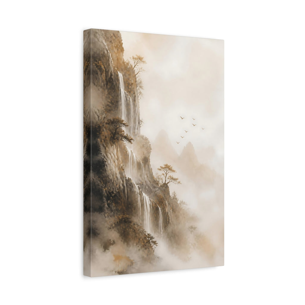 Side Mockup 4. Nature Mountain Waterfall Misty Landscape shown as stretched canvas wall art