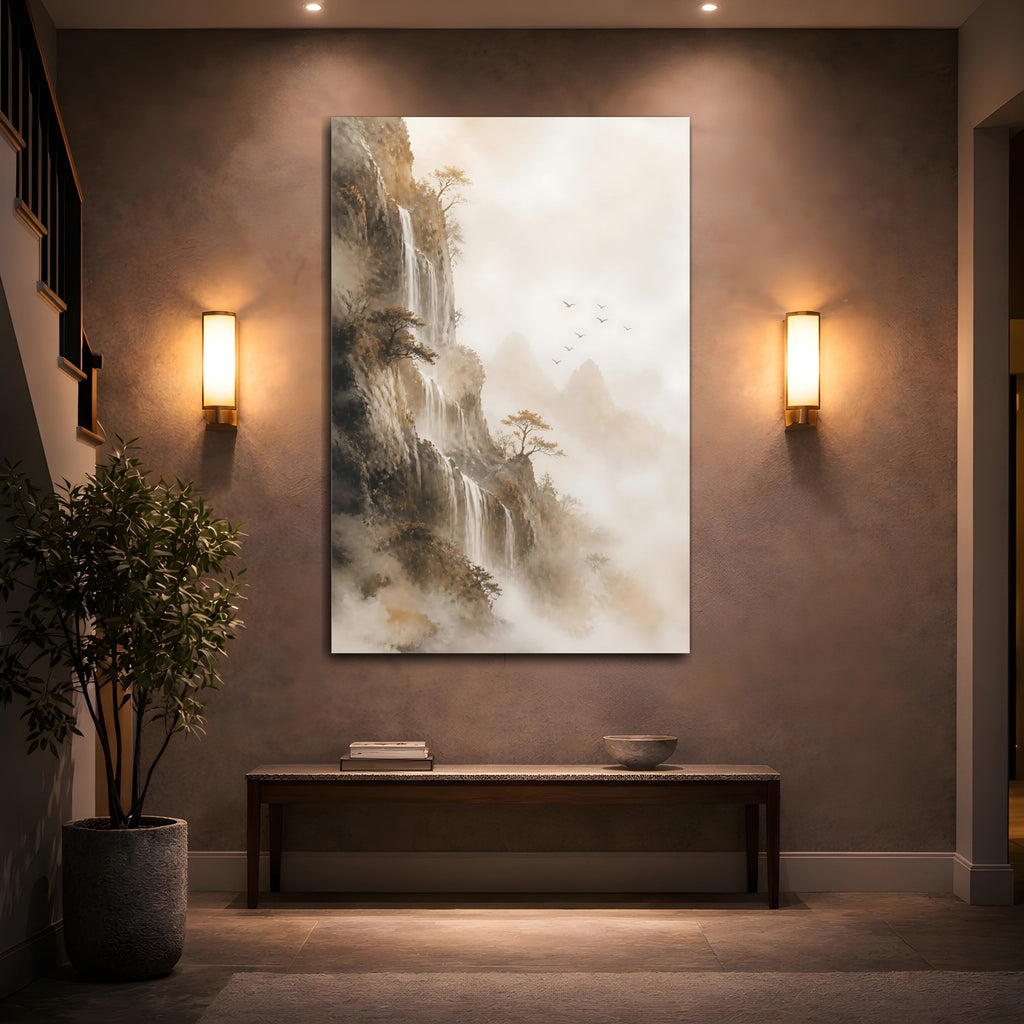 Mockup 2. Nature Mountain Waterfall Misty Landscape shown as stretched canvas wall art