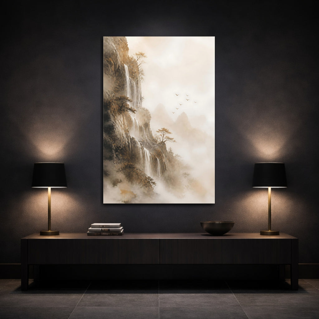 Mockup 3. Nature Mountain Waterfall Misty Landscape shown as stretched canvas wall art