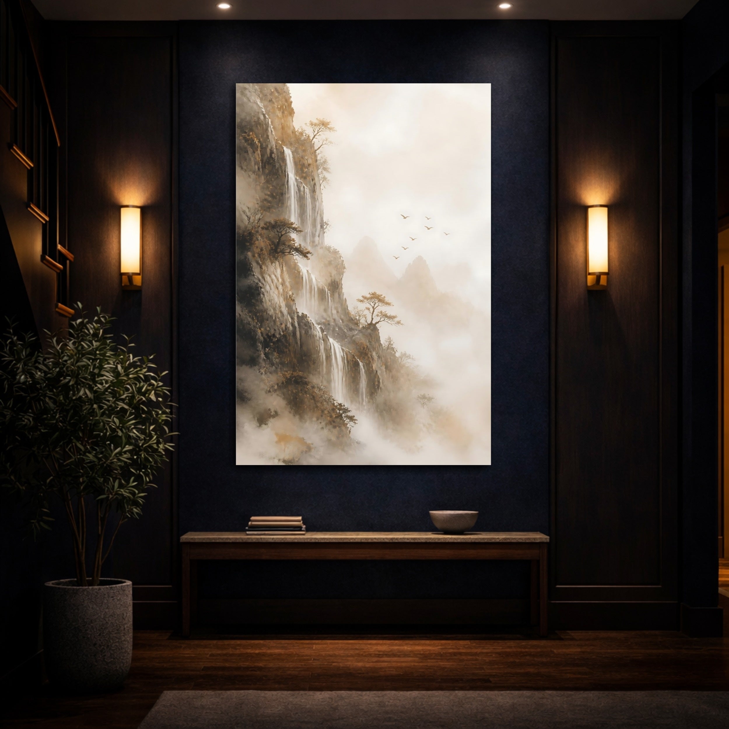 Mockup 4. Nature Mountain Waterfall Misty Landscape shown as stretched canvas wall art