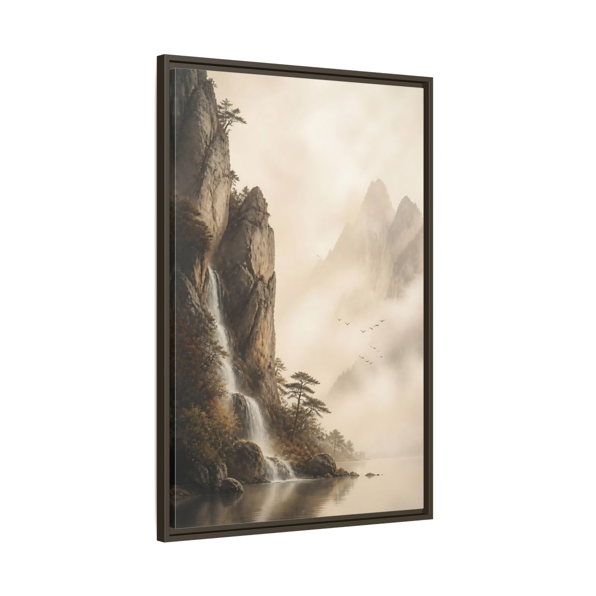 Main Mockup. Nature Mountain Waterfall Misty Mountain shown as stretched canvas wall art
