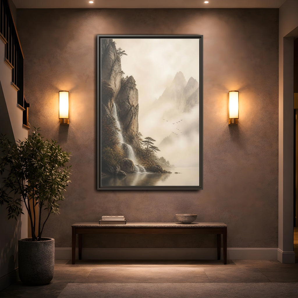 Mockup 2. Nature Mountain Waterfall Misty Mountain shown as stretched canvas wall art