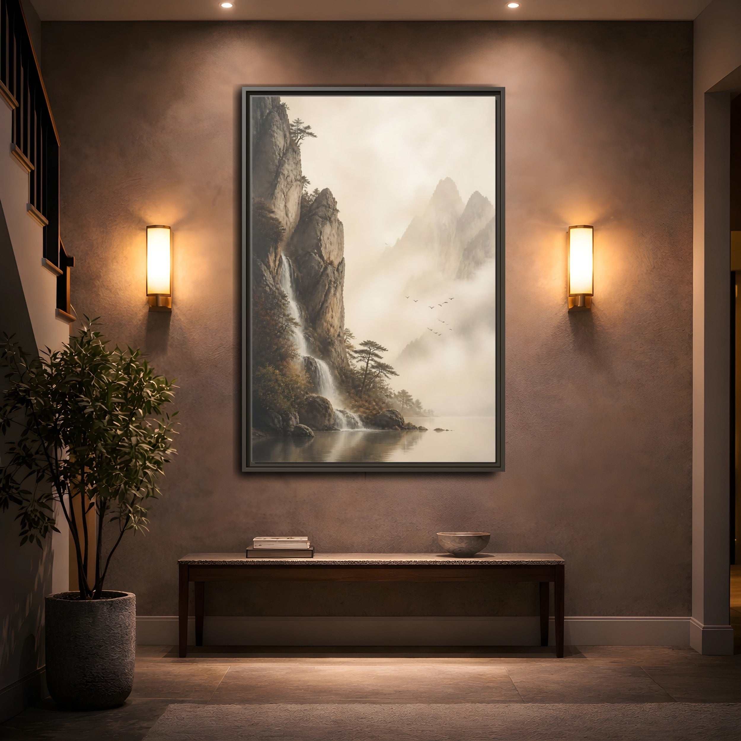 Mockup 2. Nature Mountain Waterfall Misty Mountain shown as stretched canvas wall art