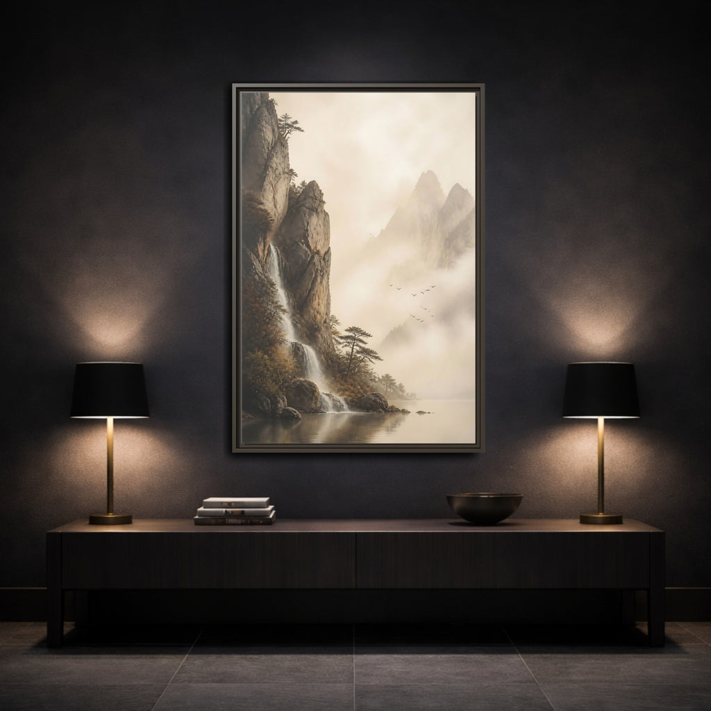 Mockup 3. Nature Mountain Waterfall Misty Mountain shown as stretched canvas wall art