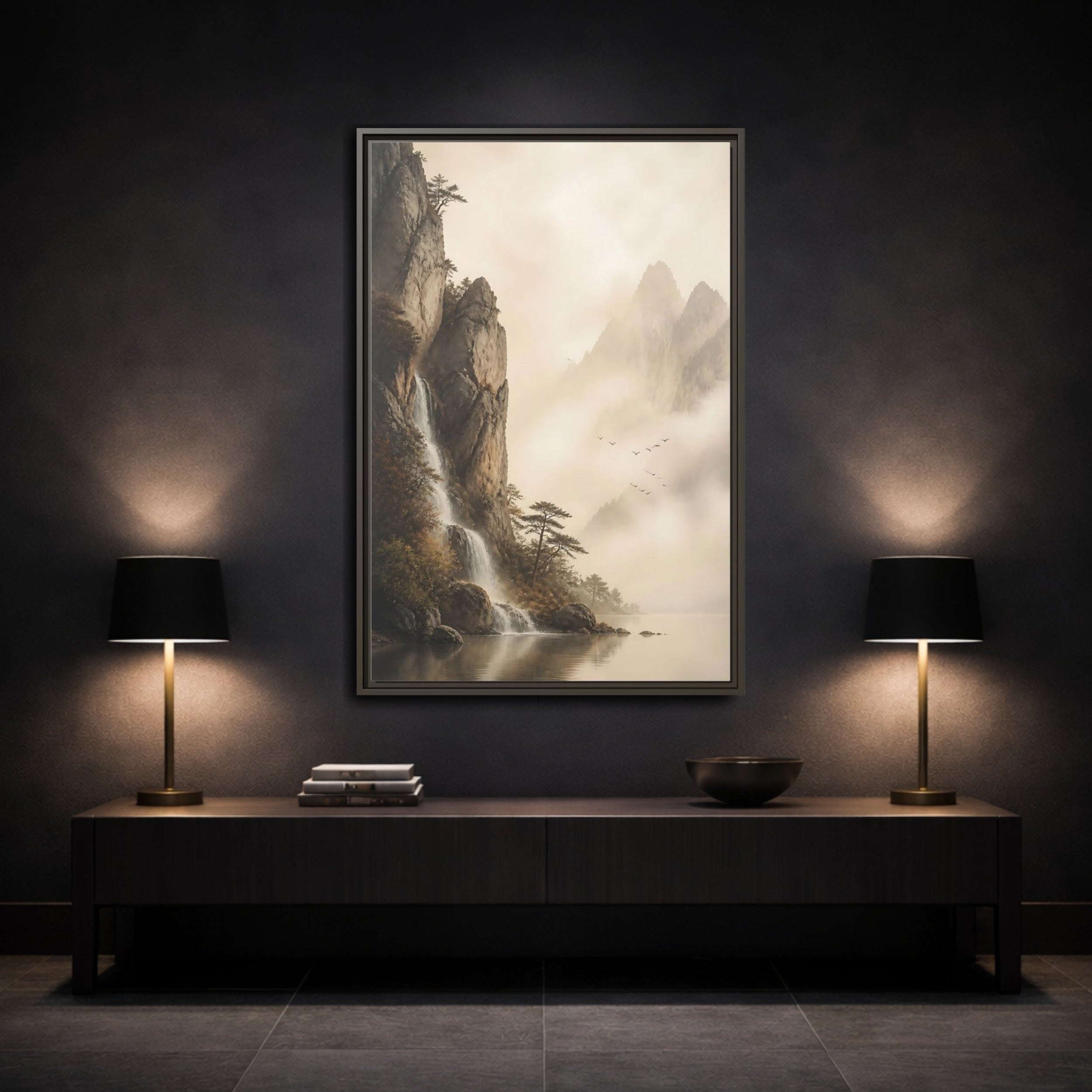 Mockup 3. Nature Mountain Waterfall Misty Mountain shown as stretched canvas wall art