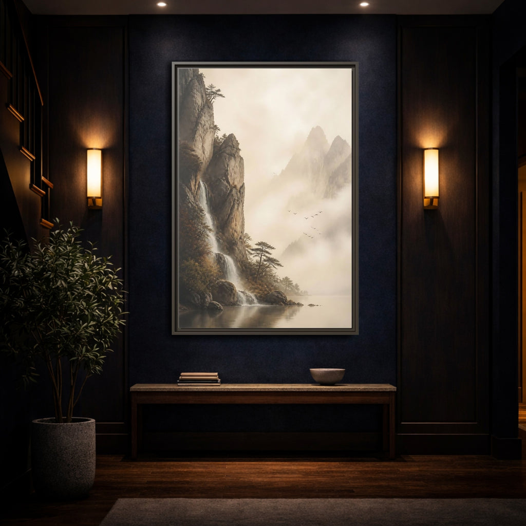 Mockup 4. Nature Mountain Waterfall Misty Mountain shown as stretched canvas wall art