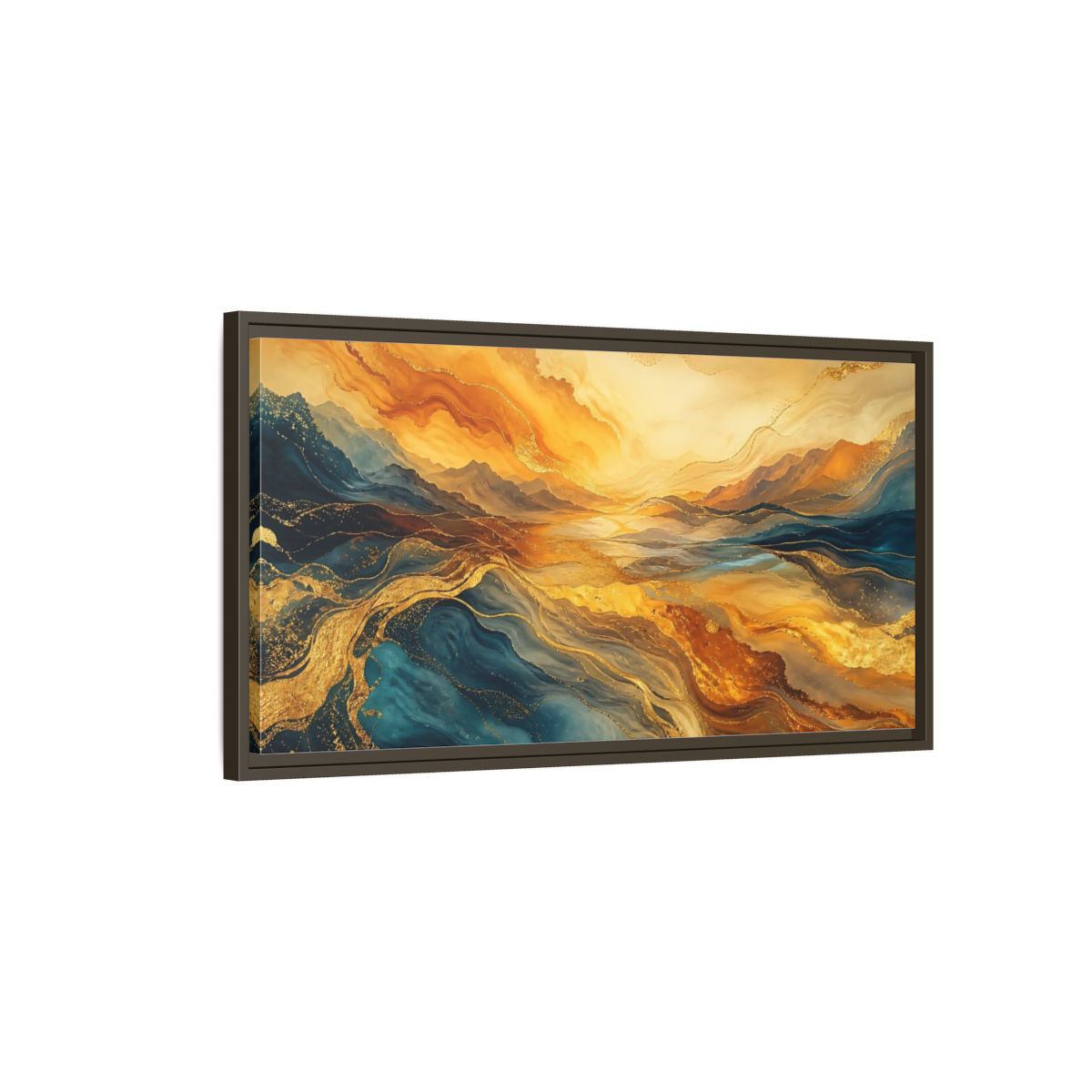 Main Mockup. Nature Mountain Waves Gold Blue Abstract shown as stretched canvas wall art