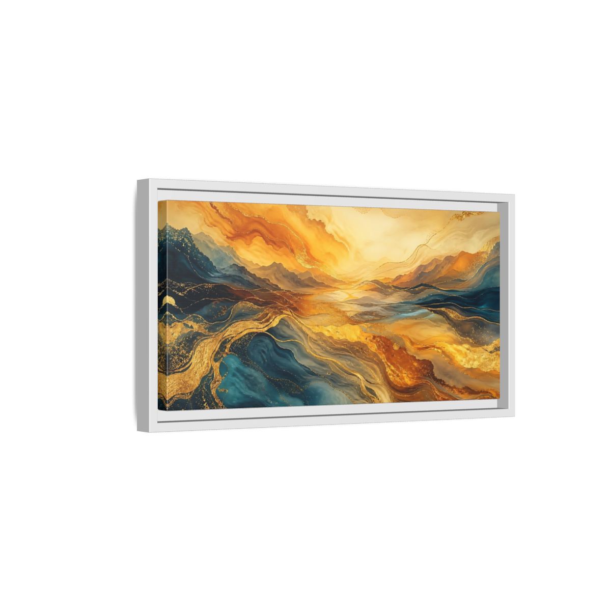 Side Mockup 6. Nature Mountain Waves Gold Blue Abstract shown as stretched canvas wall art