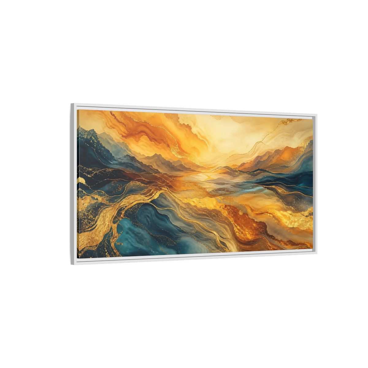 Side Mockup 3. Nature Mountain Waves Gold Blue Abstract shown as stretched canvas wall art