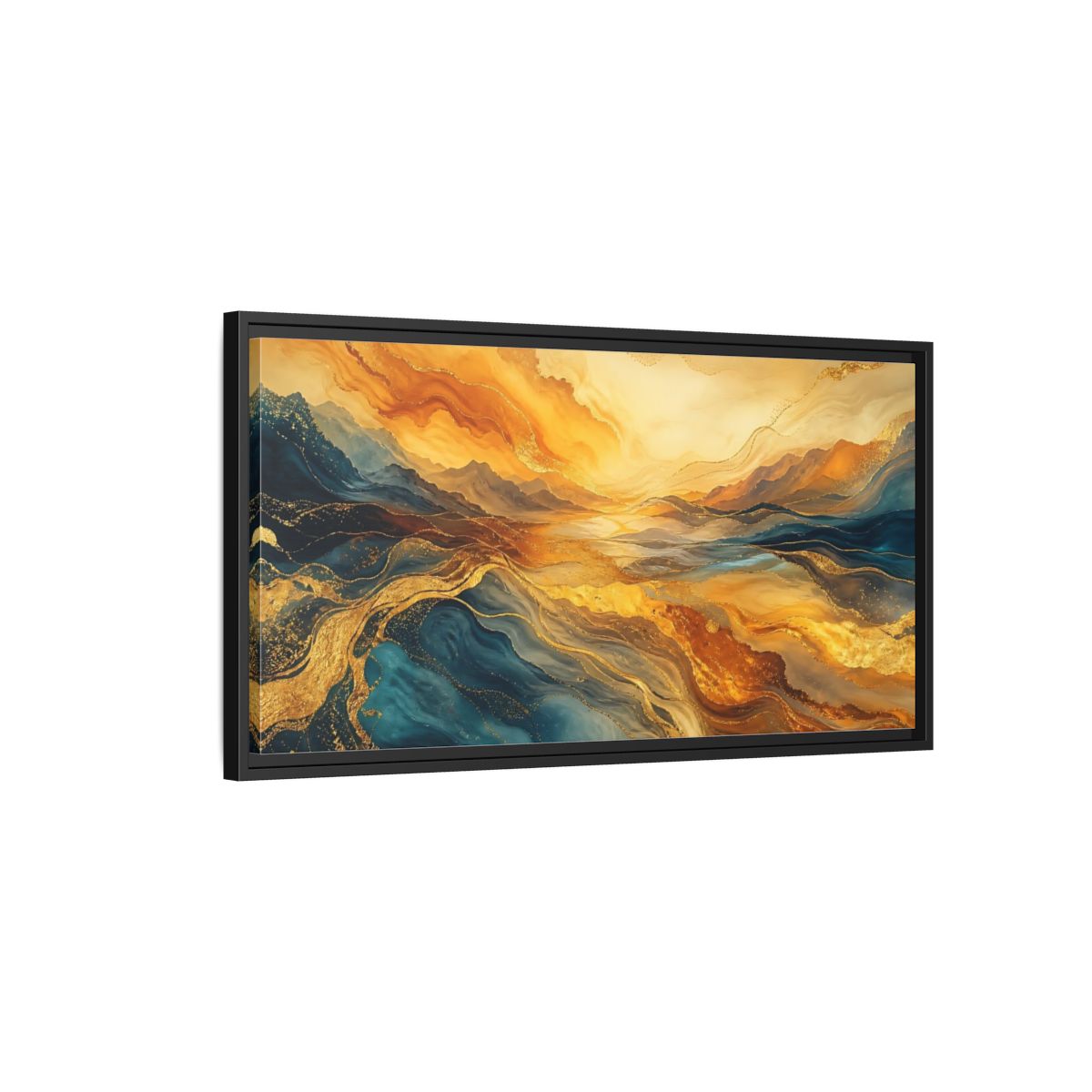 Side Mockup 2. Nature Mountain Waves Gold Blue Abstract shown as stretched canvas wall art
