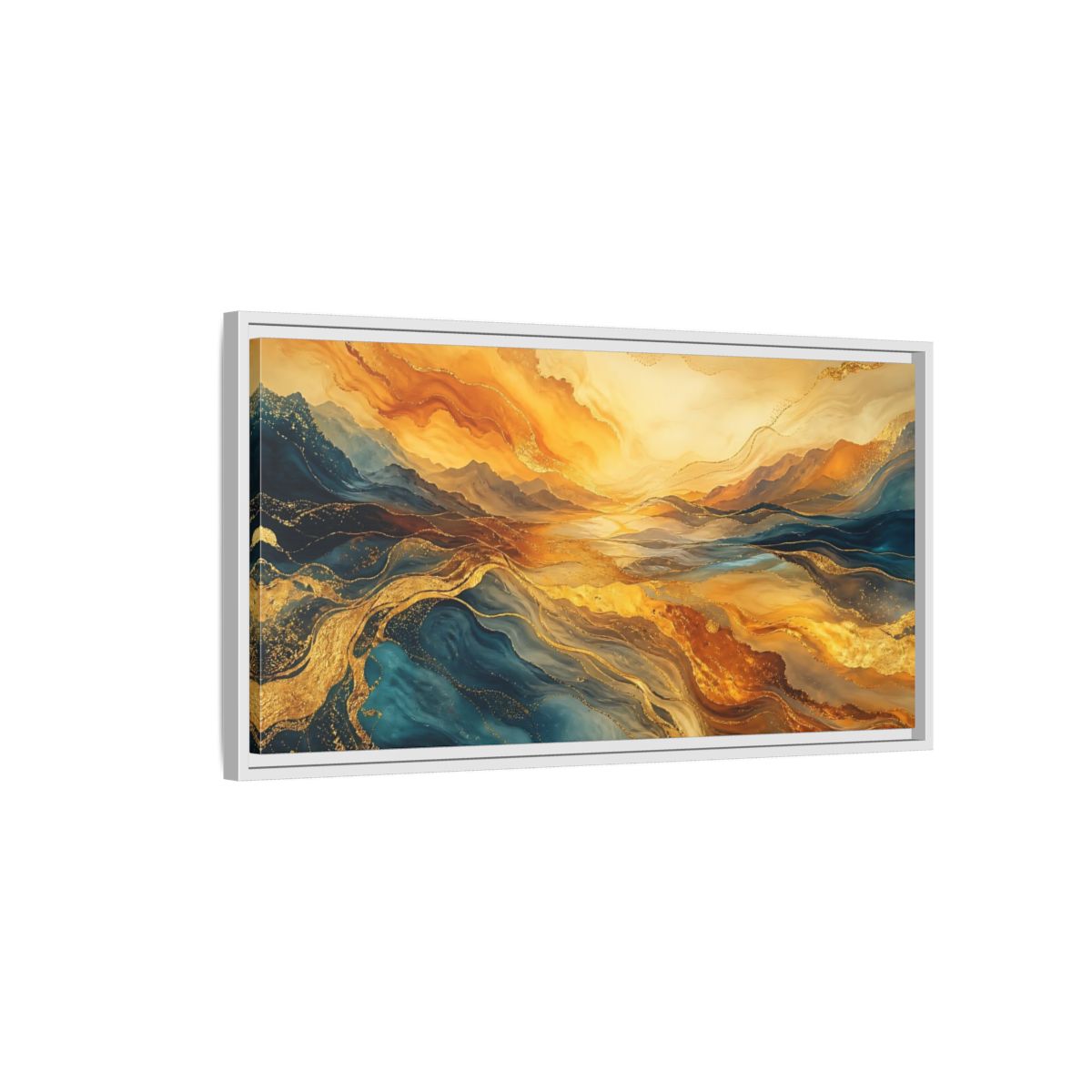 Side Mockup 1. Nature Mountain Waves Gold Blue Abstract shown as stretched canvas wall art