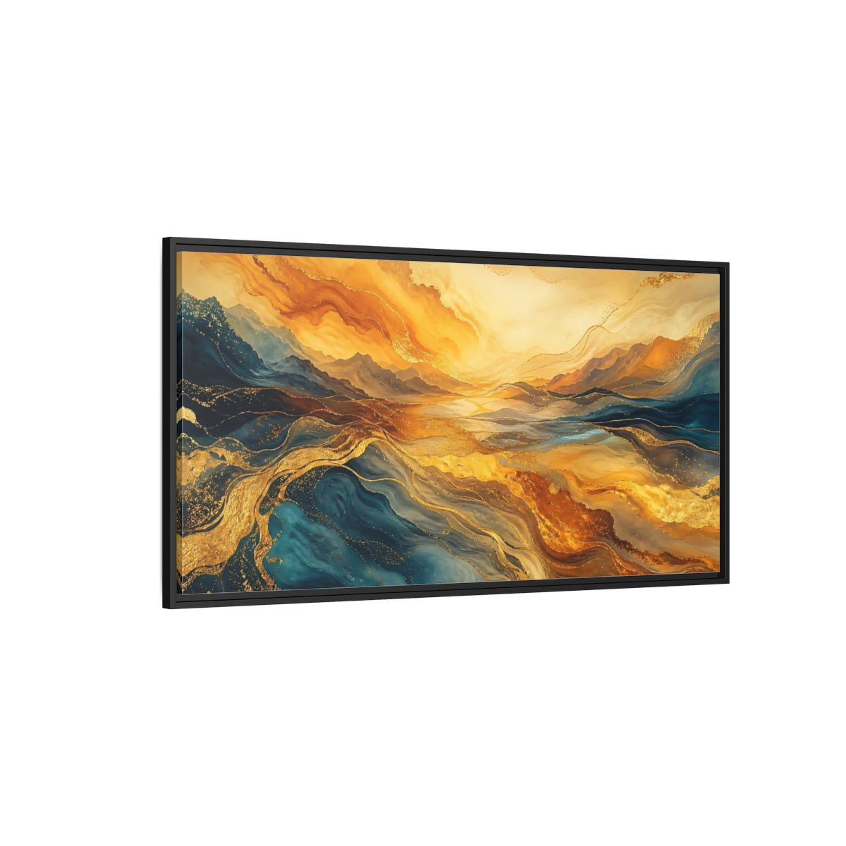 Side Mockup 5. Nature Mountain Waves Gold Blue Abstract shown as stretched canvas wall art