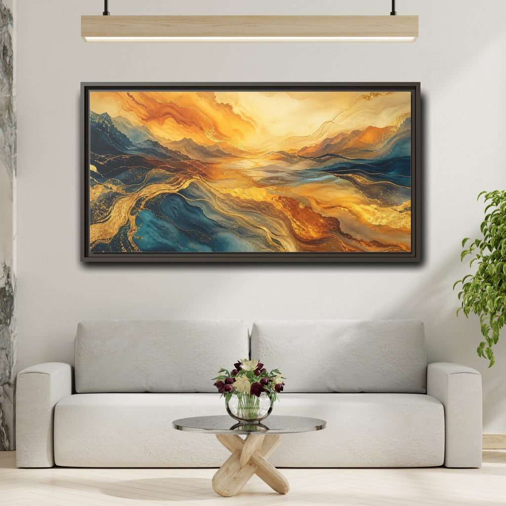 Mockup 2. Nature Mountain Waves Gold Blue Abstract shown as stretched canvas wall art