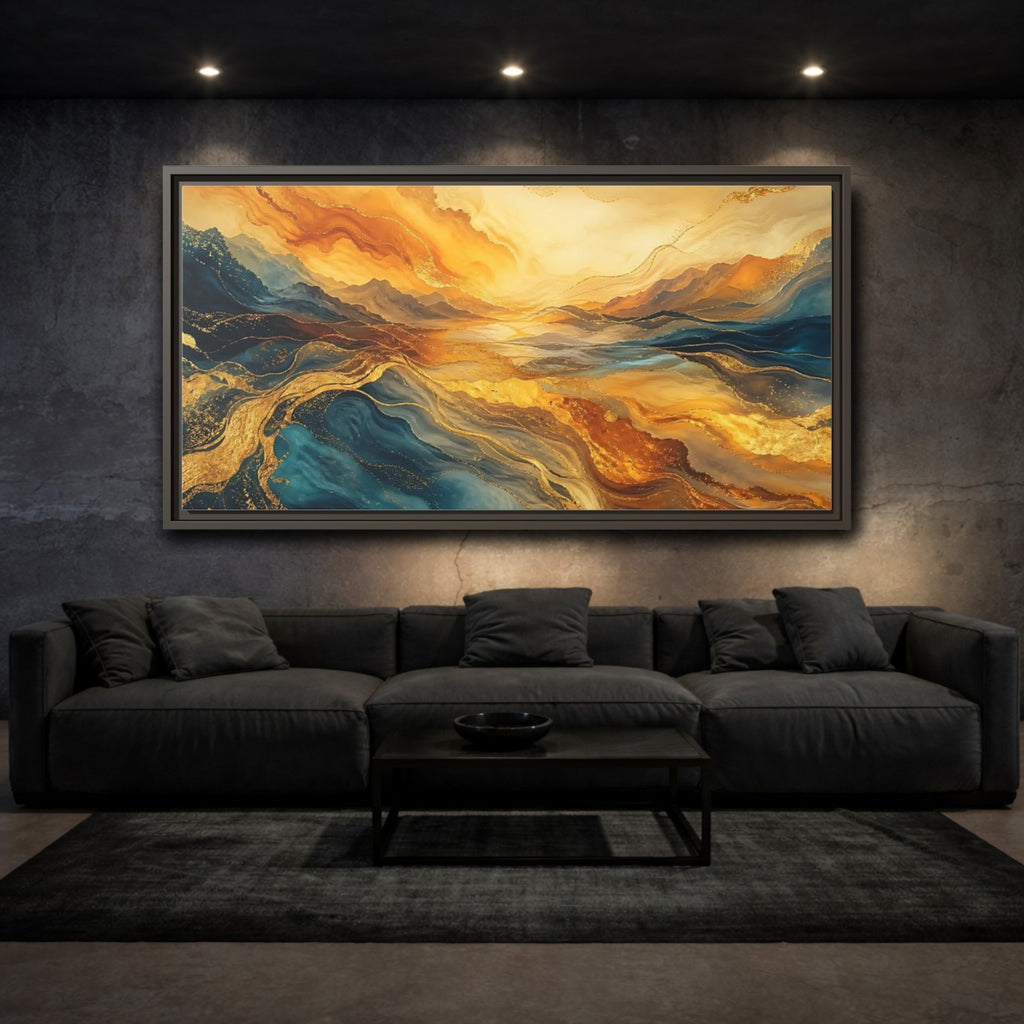 Mockup 3. Nature Mountain Waves Gold Blue Abstract shown as stretched canvas wall art
