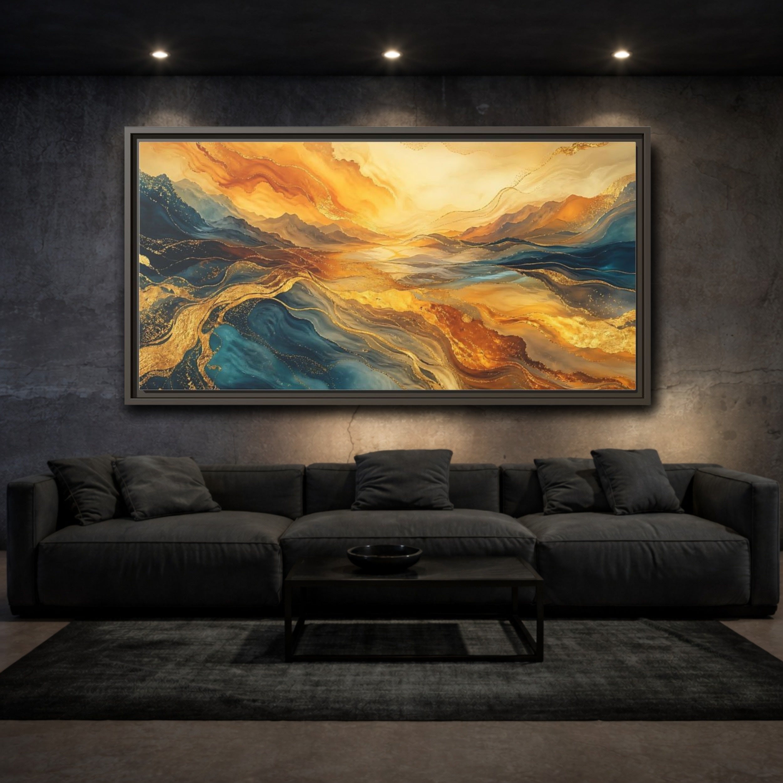 Mockup 3. Nature Mountain Waves Gold Blue Abstract shown as stretched canvas wall art