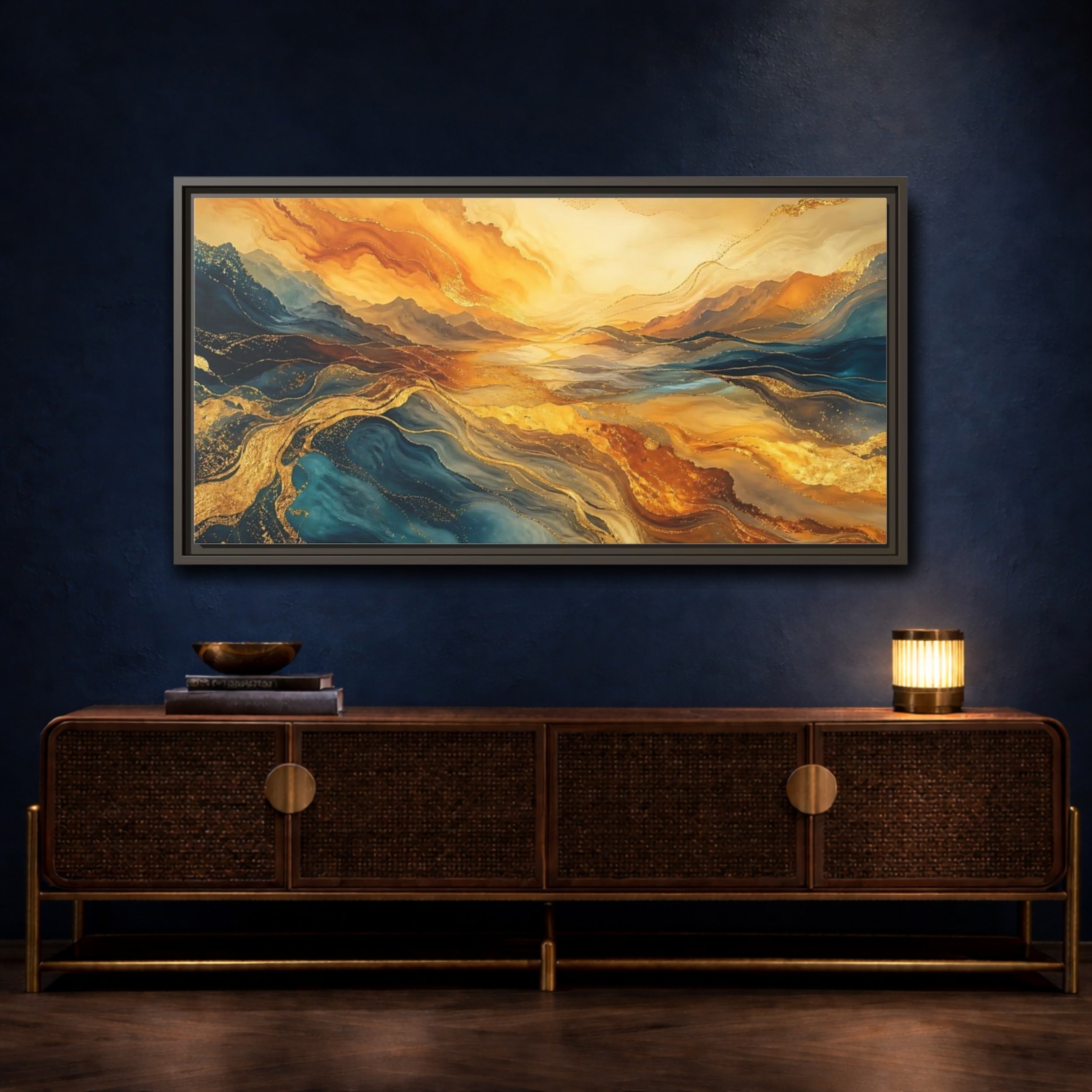 Mockup 4. Nature Mountain Waves Gold Blue Abstract shown as stretched canvas wall art