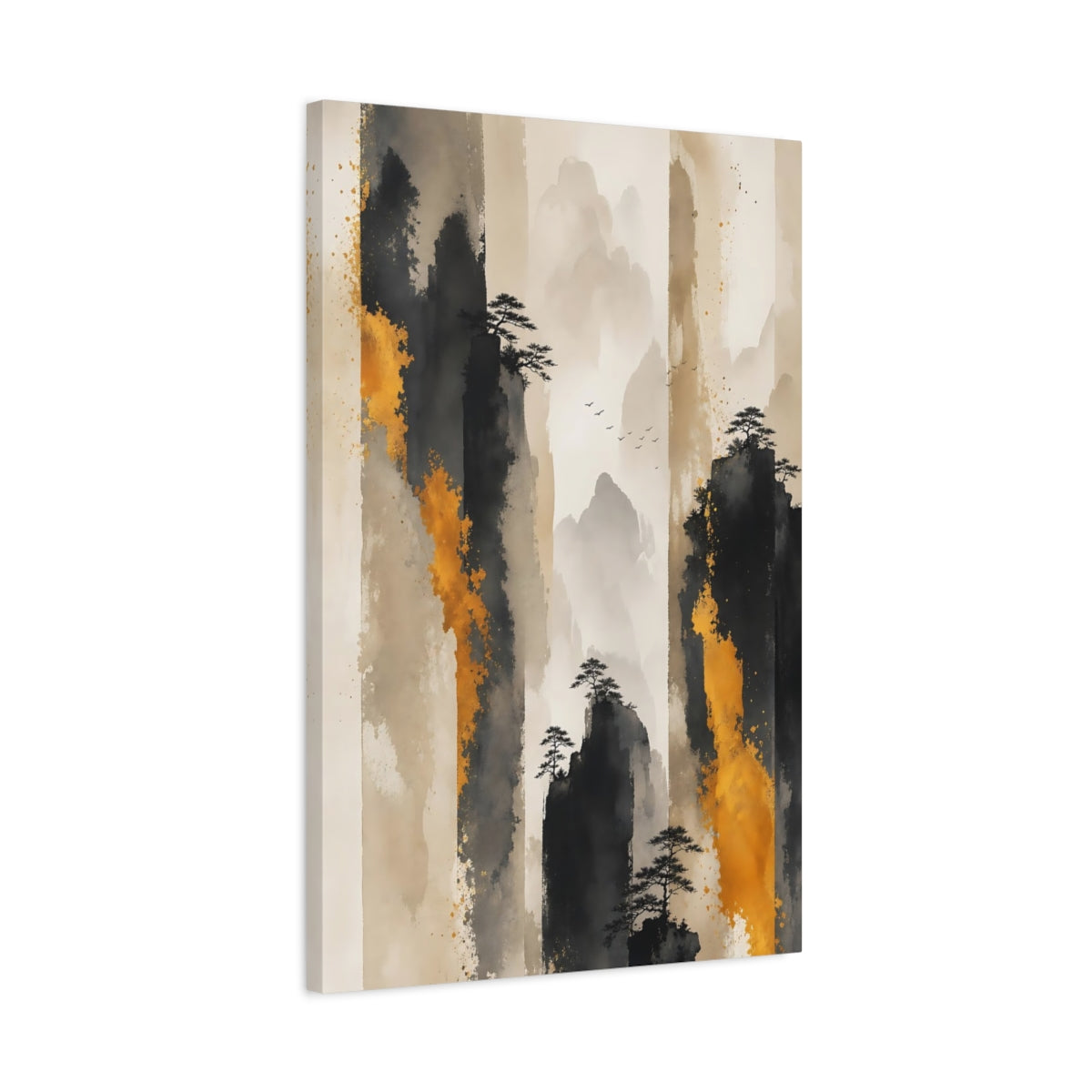 Side Mockup 2. Nature Mountains Black Gold Mountains shown as stretched canvas wall art