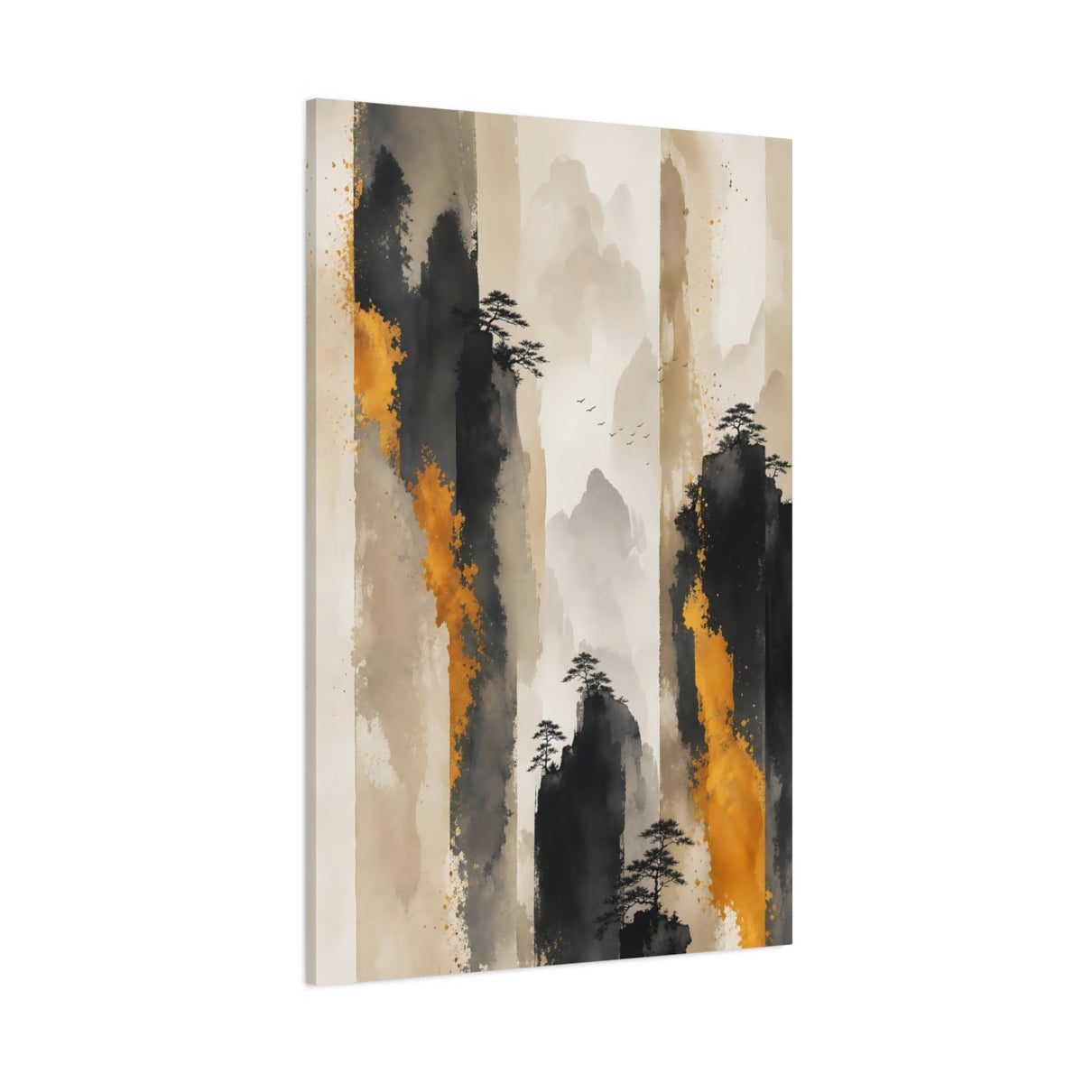 Side Mockup 1. Nature Mountains Black Gold Mountains shown as stretched canvas wall art