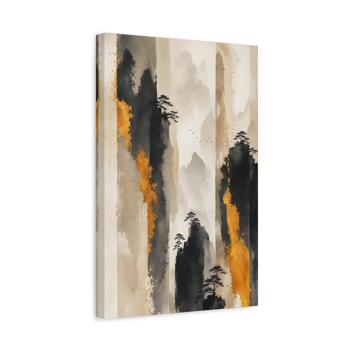 Side Mockup 4. Nature Mountains Black Gold Mountains shown as stretched canvas wall art