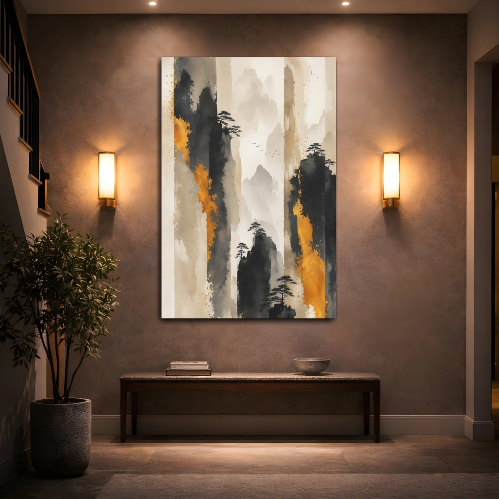 Mockup 2. Nature Mountains Black Gold Mountains shown as stretched canvas wall art