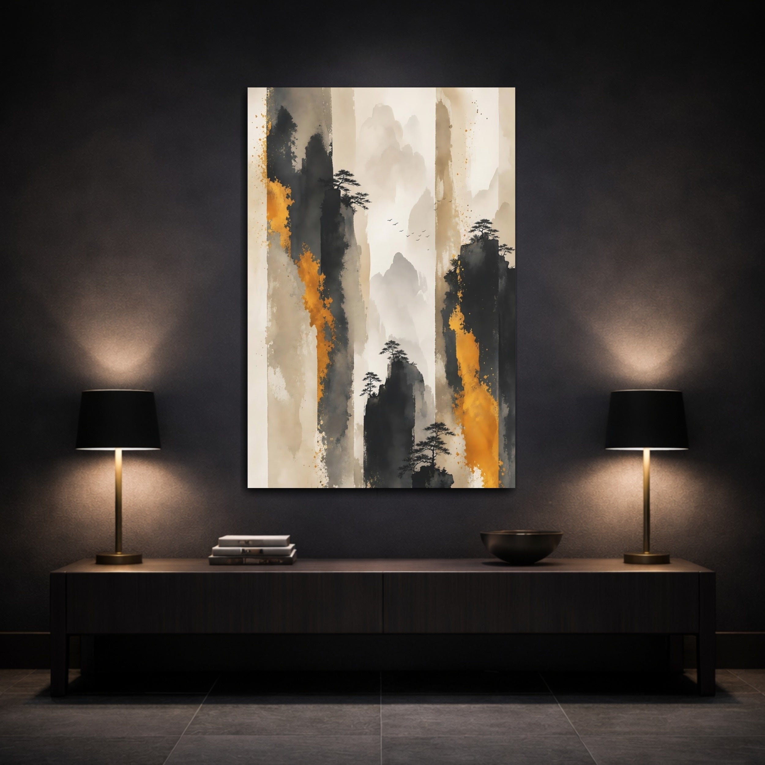 Mockup 3. Nature Mountains Black Gold Mountains shown as stretched canvas wall art