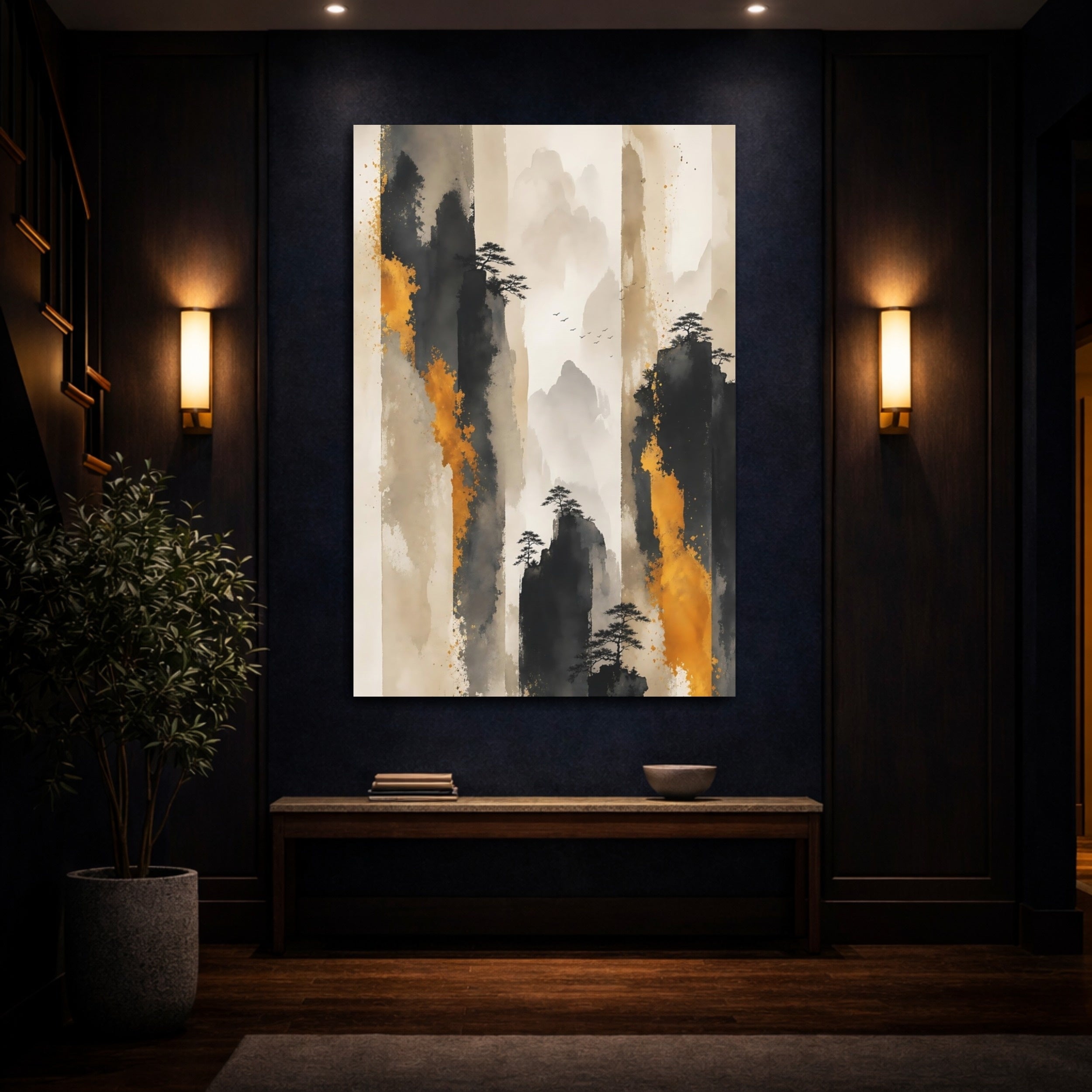 Mockup 4. Nature Mountains Black Gold Mountains shown as stretched canvas wall art