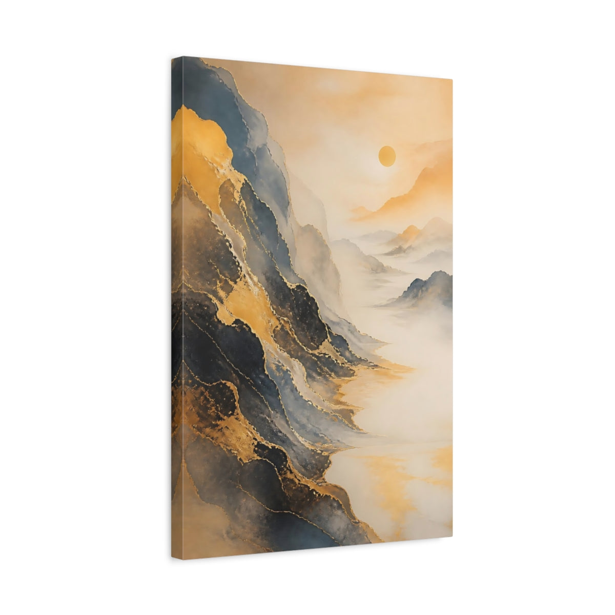 Side Mockup 3. Nature Mountains Gold And Grey Landscape shown as stretched canvas wall art