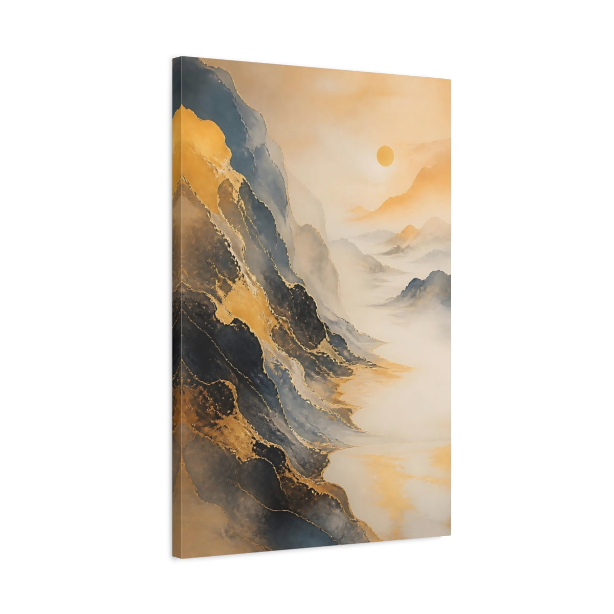 Side Mockup 2. Nature Mountains Gold And Grey Landscape shown as stretched canvas wall art