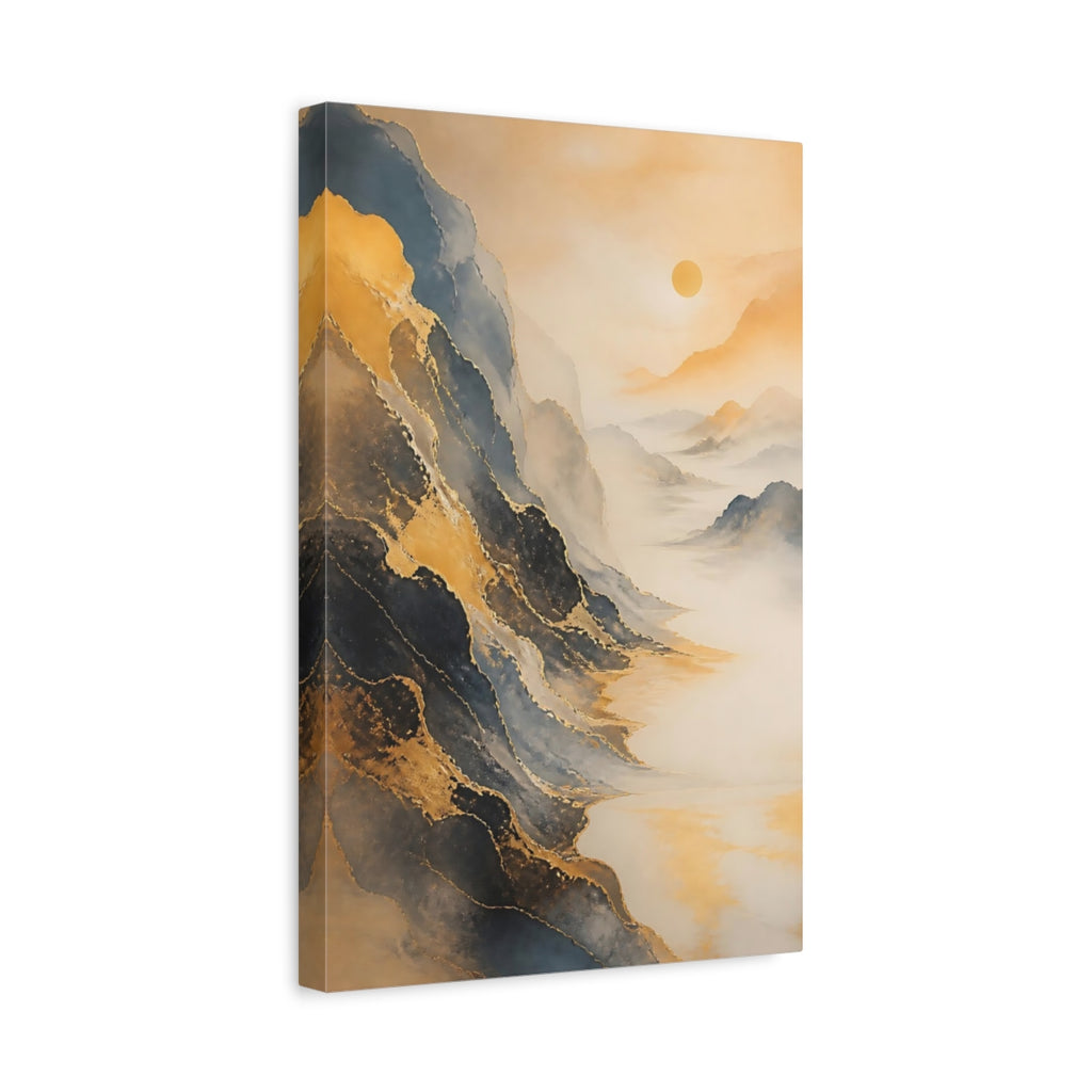 Side Mockup 4. Nature Mountains Gold And Grey Landscape shown as stretched canvas wall art