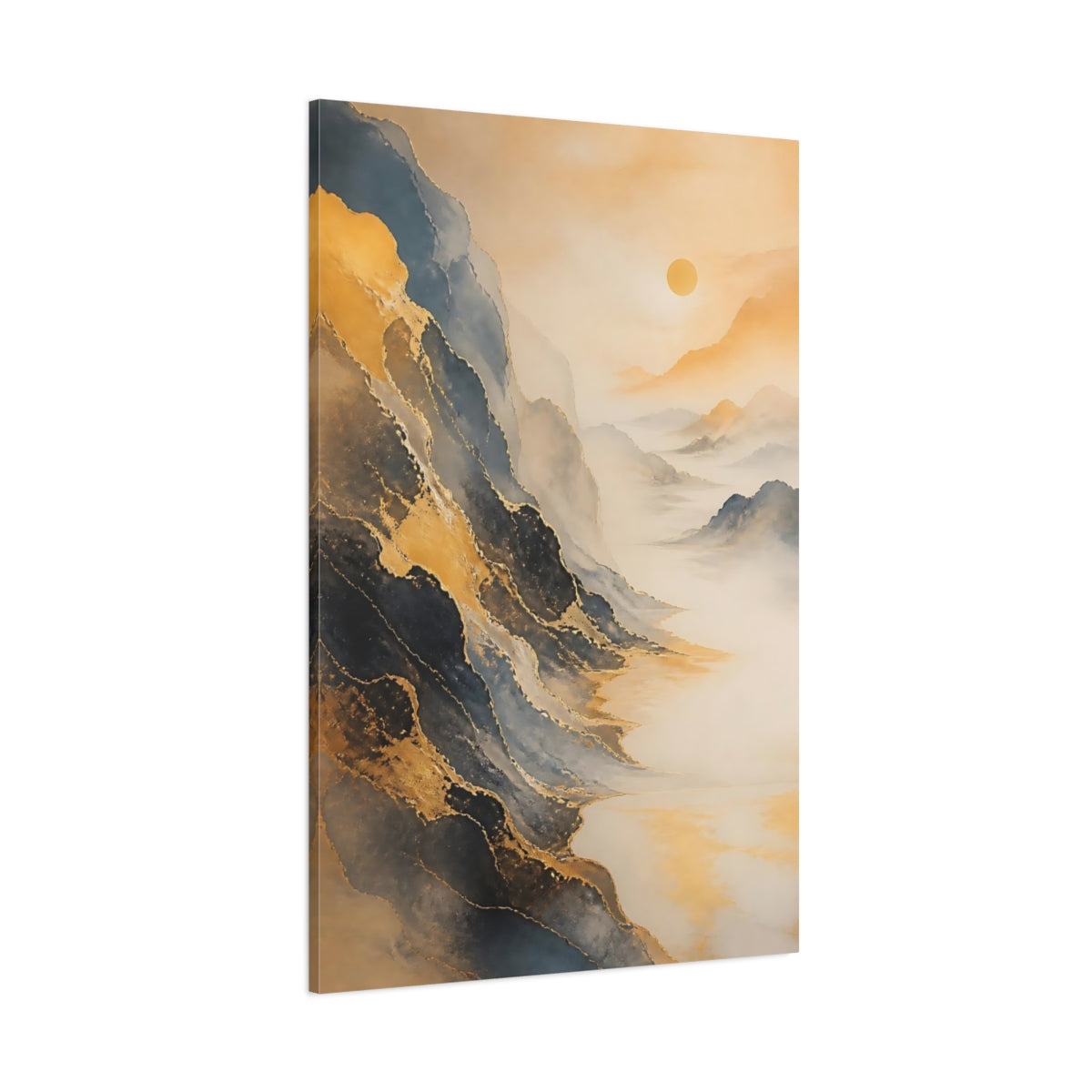 Side Mockup 1. Nature Mountains Gold And Grey Landscape shown as stretched canvas wall art