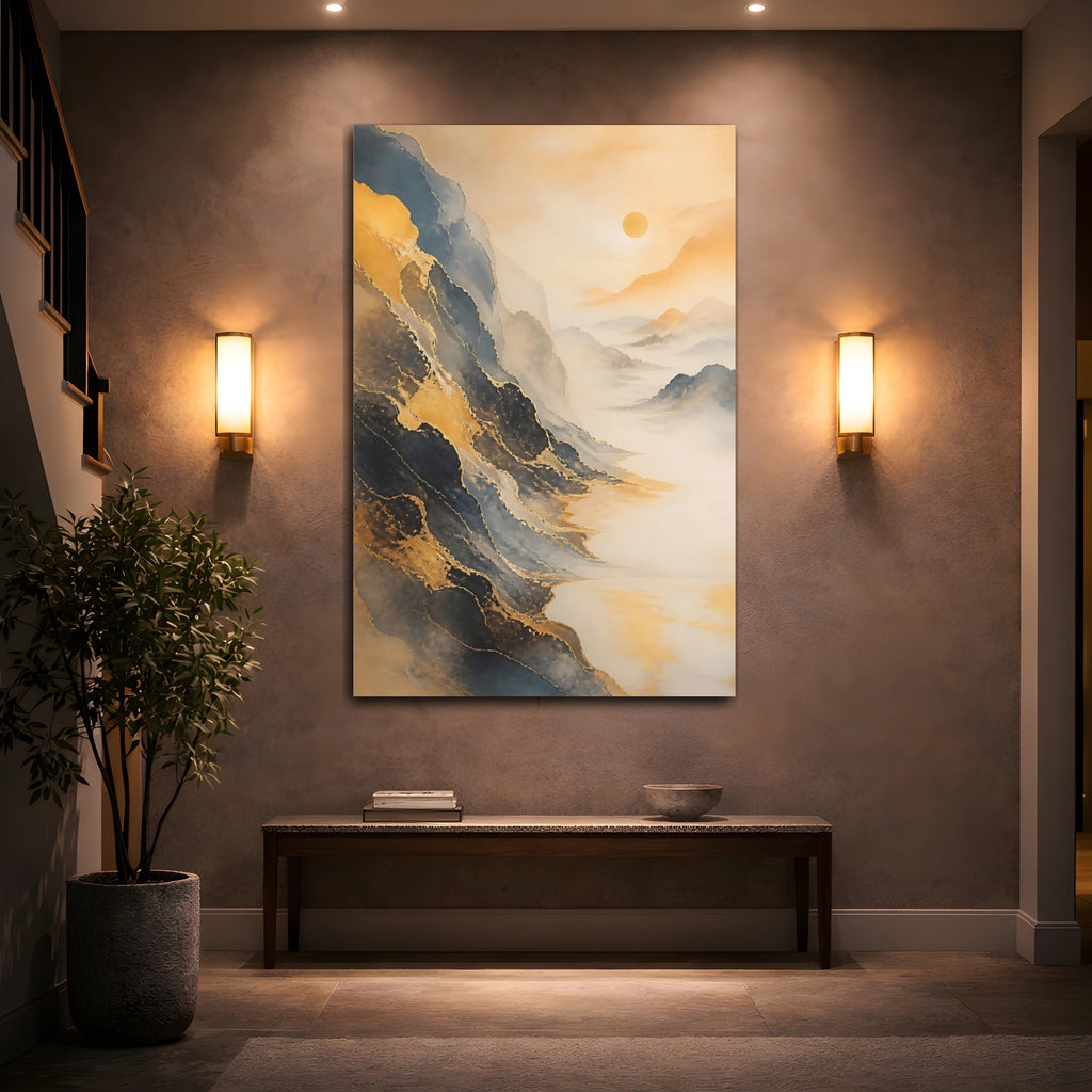 Mockup 2. Nature Mountains Gold And Grey Landscape shown as stretched canvas wall art
