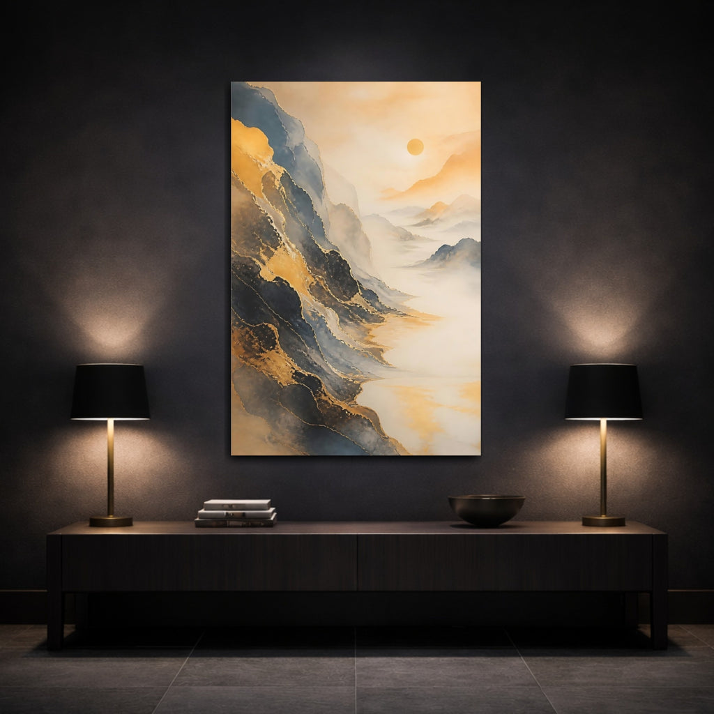 Mockup 3. Nature Mountains Gold And Grey Landscape shown as stretched canvas wall art