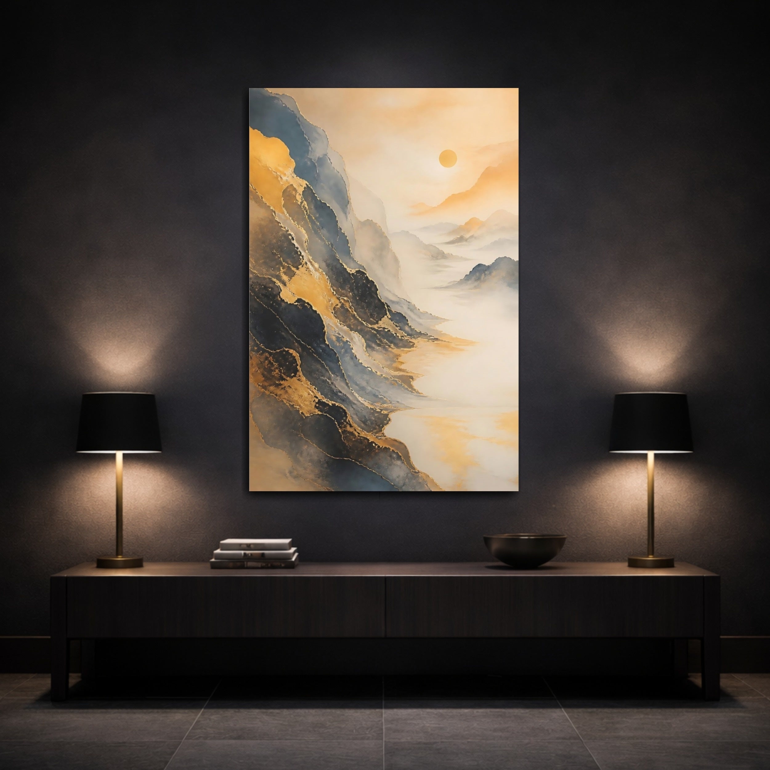 Mockup 3. Nature Mountains Gold And Grey Landscape shown as stretched canvas wall art