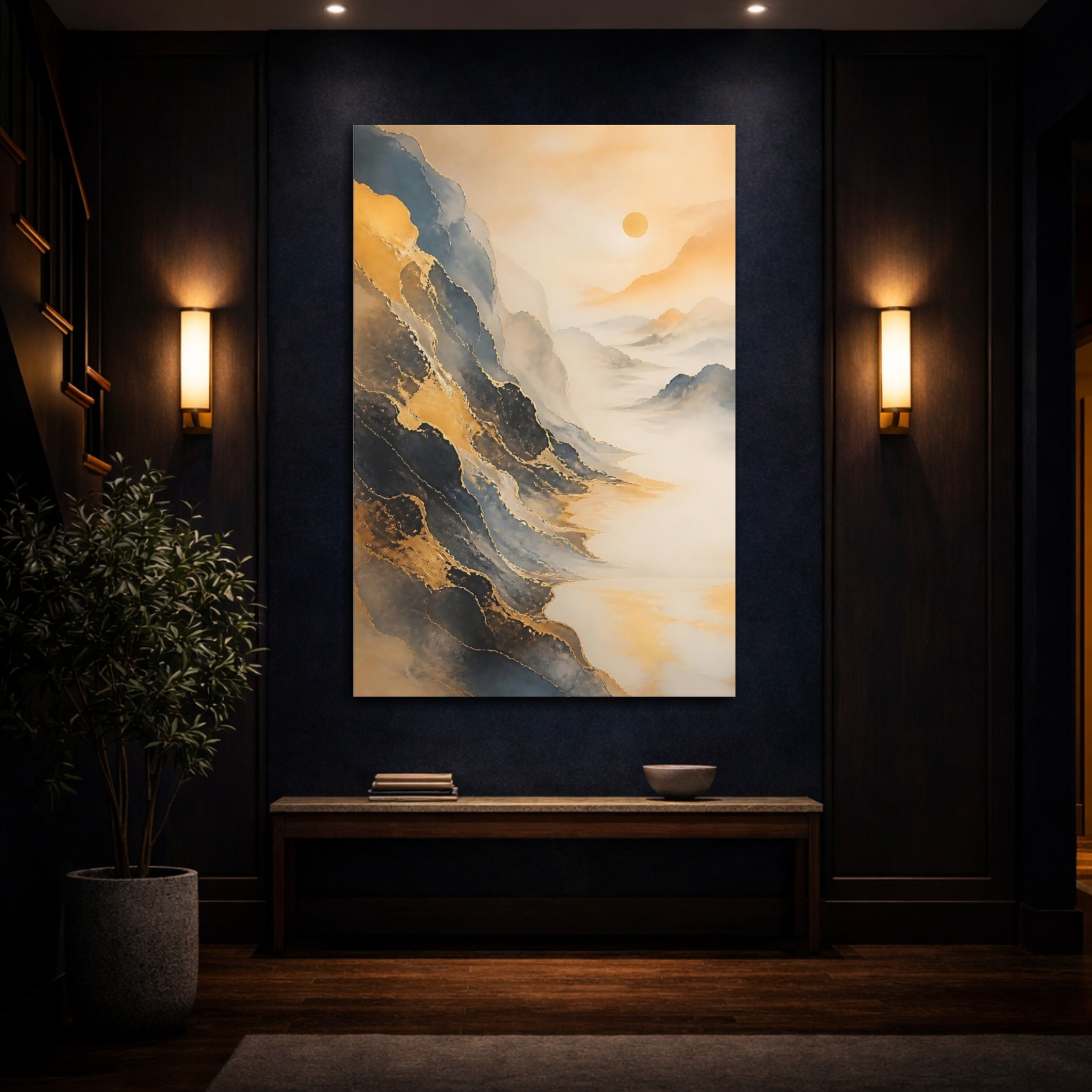 Mockup 4. Nature Mountains Gold And Grey Landscape shown as stretched canvas wall art