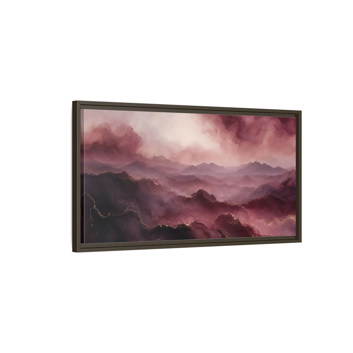 Main Mockup. Nature Mountains Pink And Gold shown as stretched canvas wall art