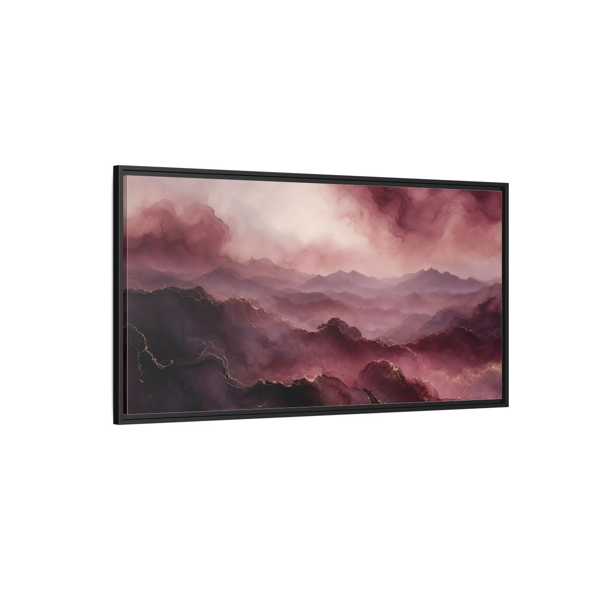 Side Mockup 5. Nature Mountains Pink And Gold shown as stretched canvas wall art
