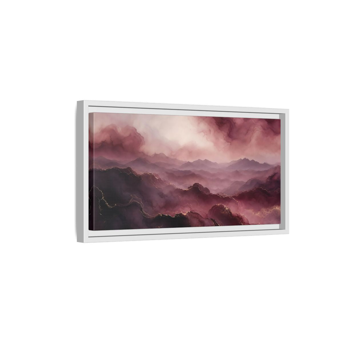 Side Mockup 6. Nature Mountains Pink And Gold shown as stretched canvas wall art