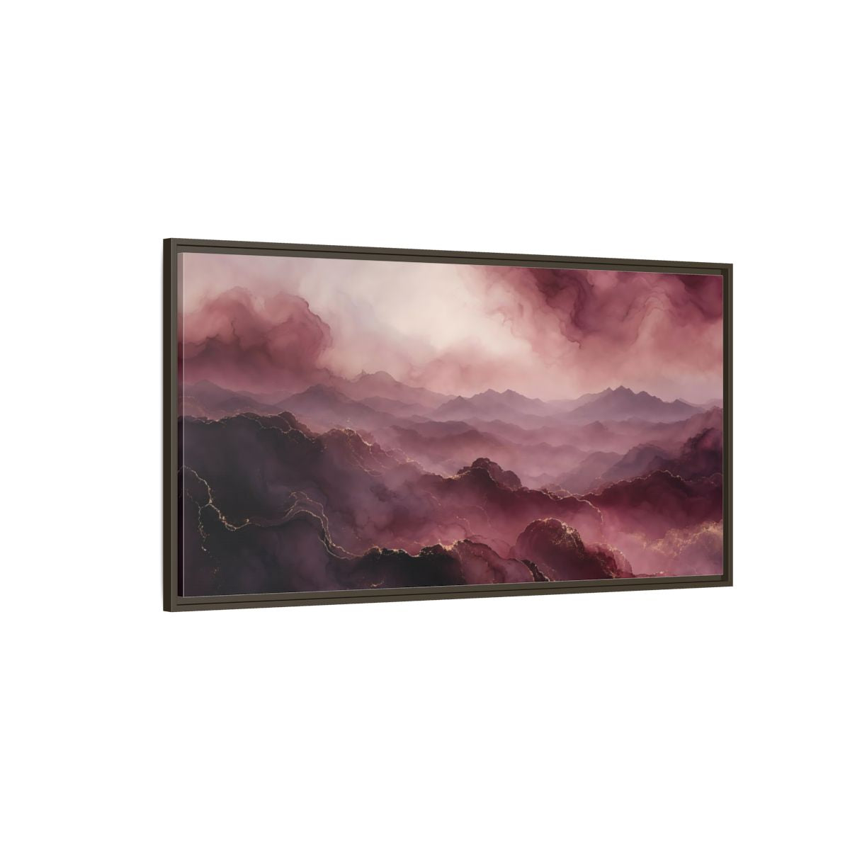 Side Mockup 4. Nature Mountains Pink And Gold shown as stretched canvas wall art