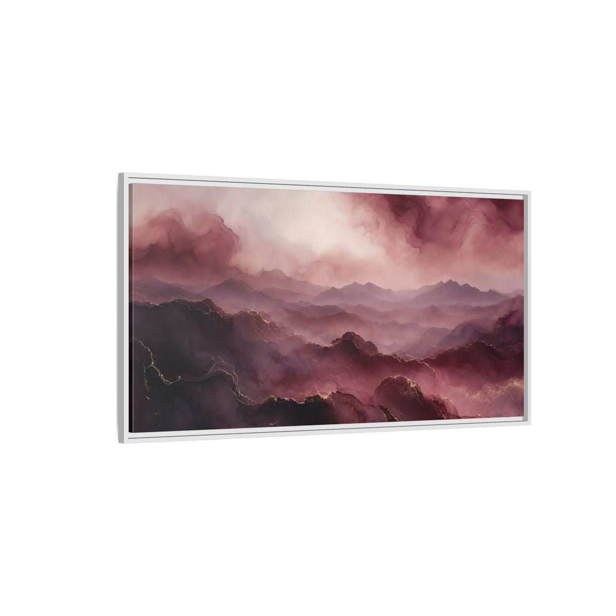 Side Mockup 3. Nature Mountains Pink And Gold shown as stretched canvas wall art